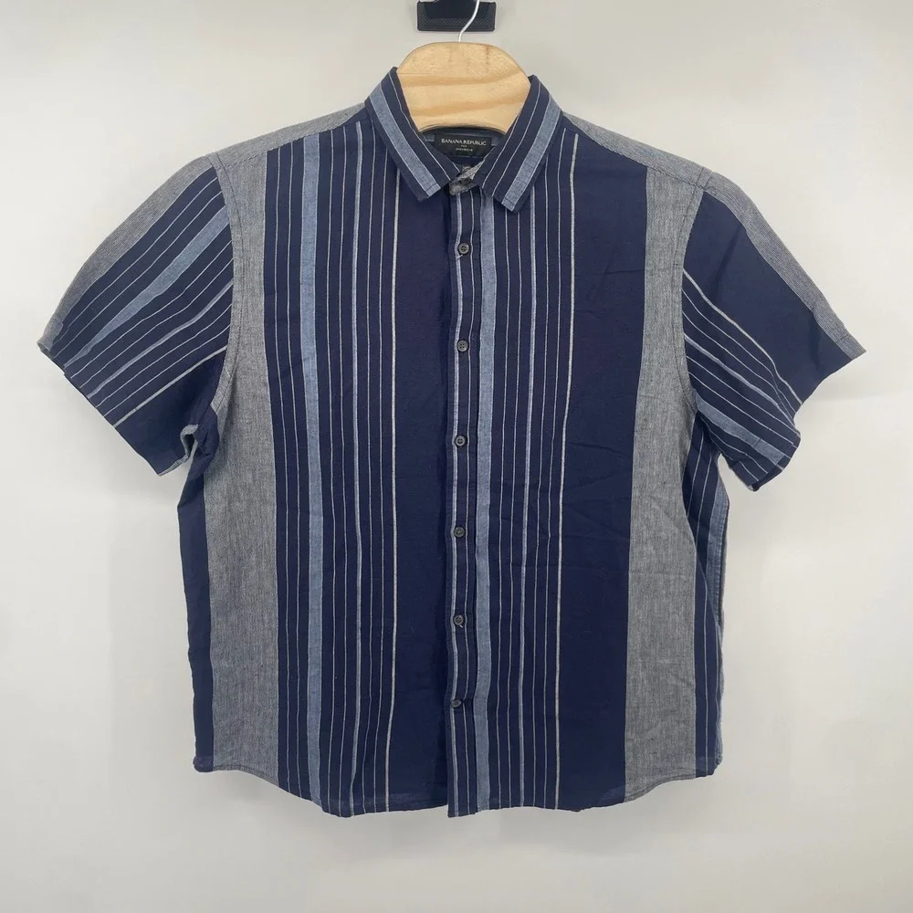 Banana Republic Shirt Mens XL Blue Striped Linen Blend Slim Fit Short Sleeve